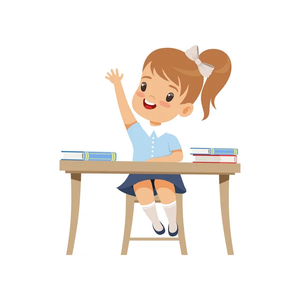 Cute girl sitting at the desk and rising her hand, elementary school student in uniform vector Illustration on a white background — Stock Vector