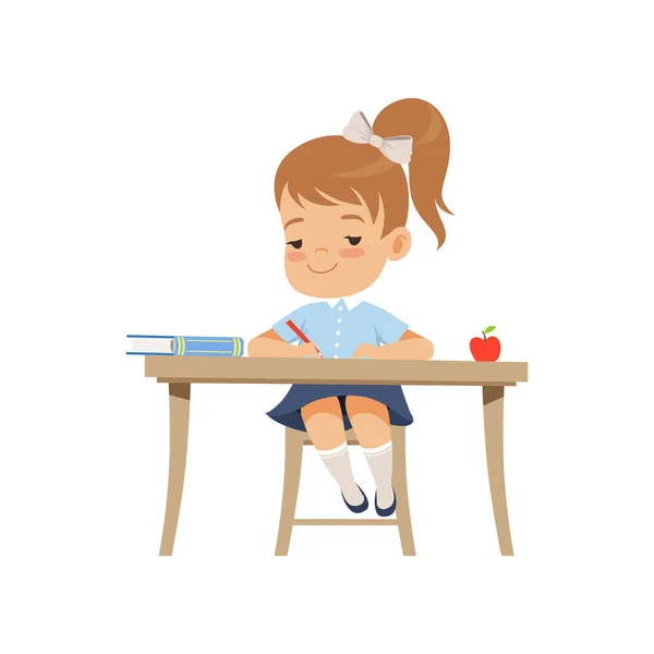 Cute girl sitting at the desk and writing, elementary school student in uniform vector Illustration on a white background — Stock Vector