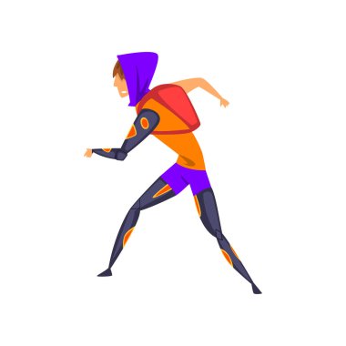 Gelecekte, Genç adam sırt çantasında fütüristik giyim vektör çizim üzerinde beyaz bir arka plan ile gelen adam