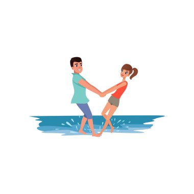 Romantik Çift, el ele tutuşarak denizde ayakta beyaz bir arka plan üzerinde erkek ve kadın tatil beach Resort illüstrasyon vektör