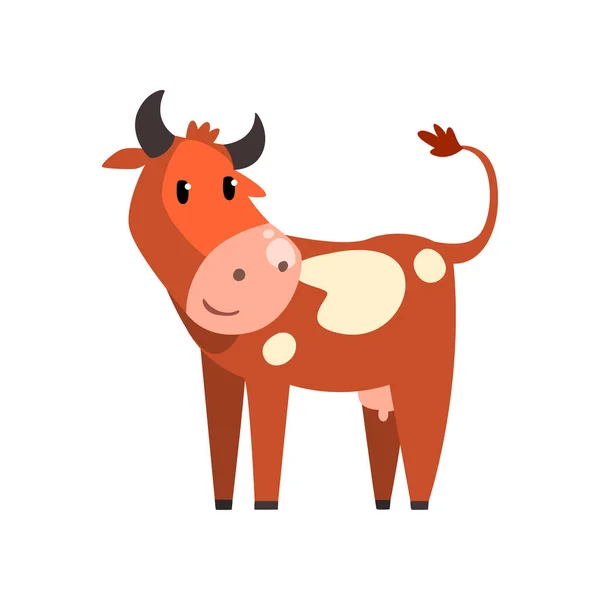 Cute brown spotted cow, funny farm animal cartoon character vector Illustration on a white background — Stock Vector