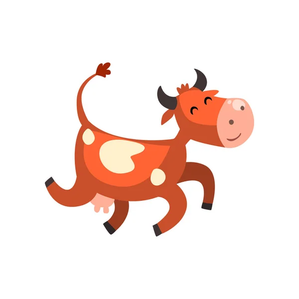 Cute happy brown spotted cow jumping, funny farm animal cartoon character vector Illustration on a white background — Stock Vector