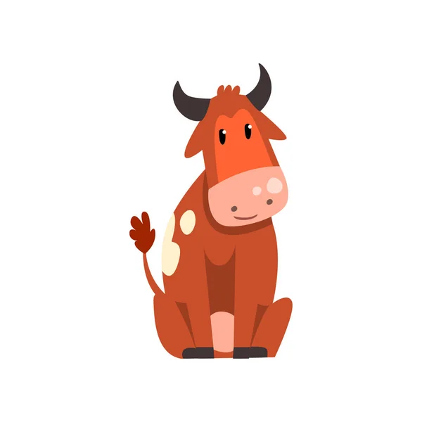 Şirin kahverengi benekli inek yere, tuhaf çiftlik hayvan karikatür karakter vektör çizim beyaz bir arka plan üzerinde oturan — Stok Vektör