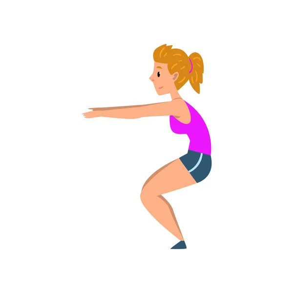 Sportos fiatal nő csinál zömök, aktív, egészséges életmód fogalma rajzfilm vektoros illusztráció egy fehér háttér — Stock Vector