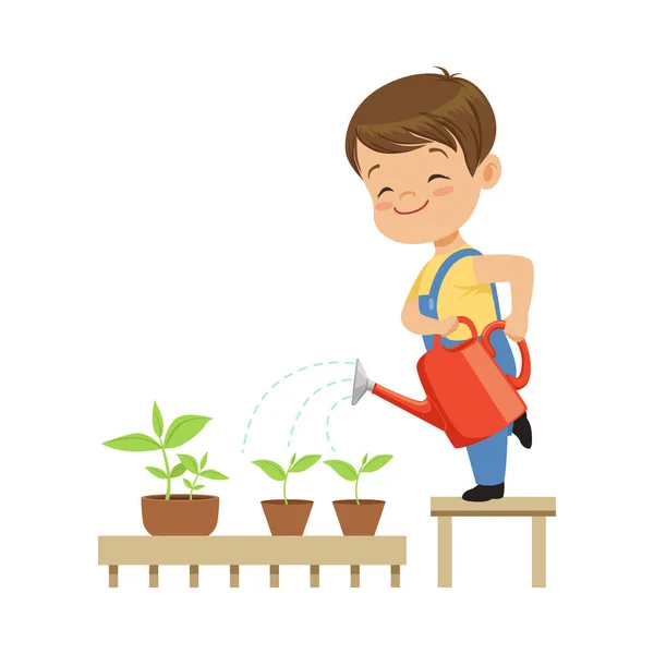 Bonito menino personagem regar plantas de uma rega pode vetor Ilustração em um fundo branco —  Vetores de Stock