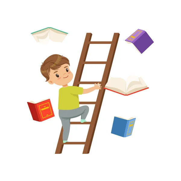 Personagem menino bonito subindo escada de madeira, livros caindo ao lado dele vetor Ilustração em um fundo branco —  Vetores de Stock