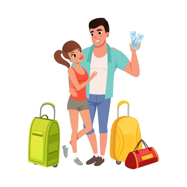 Casal jovem com sacos de viagem e bilhetes, homem e mulher viajando juntos durante as férias de verão vetor Ilustração em um fundo branco — Vetor de Stock
