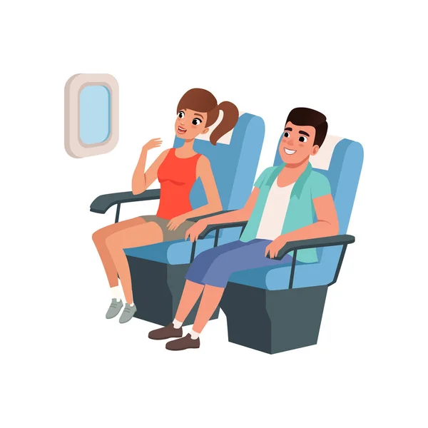 Unge turistpar som sitter i flyseter og reiser sammen i sommerferievektor Illustrasjon på hvit bakgrunn – stockvektor