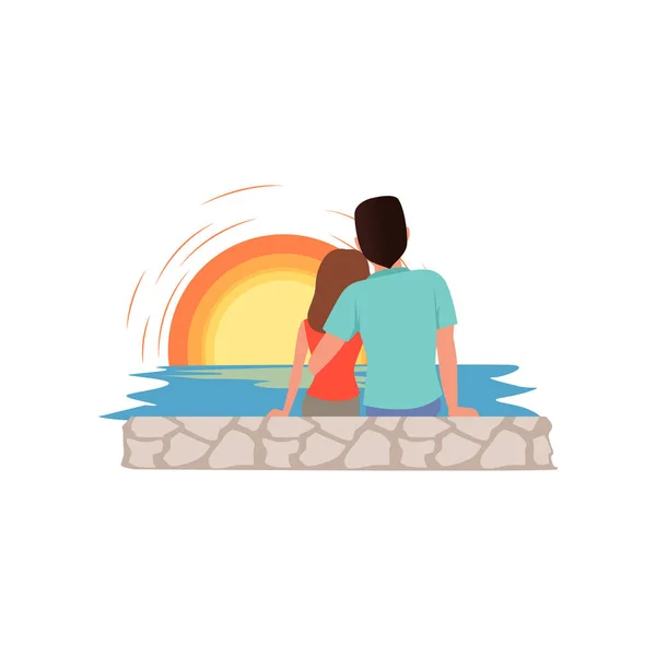 Verliebte Paare sitzen am Strand und bewundern den Sonnenuntergang, Mann und Frau im Sommerurlaub Vektor Illustration auf weißem Hintergrund — Stockvektor