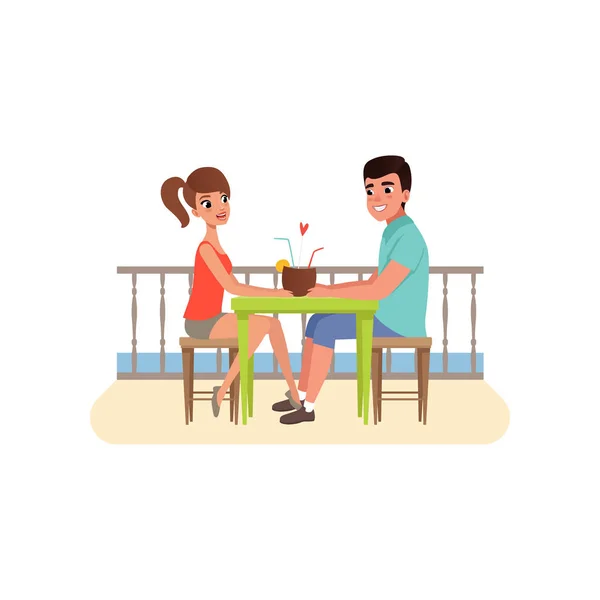 Plaj Kokteyl Içme Yakınındaki Kafede Oturan Aile Çift Erkek Kadın — Stok Vektör