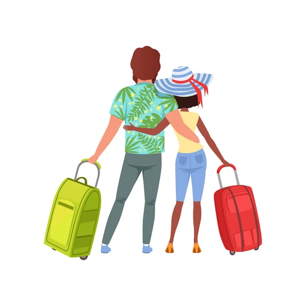 Casal jovem com sacos de viagem, vista traseira, homem e mulher viajando juntos durante as férias de verão vetor Ilustração em um fundo branco — Vetor de Stock