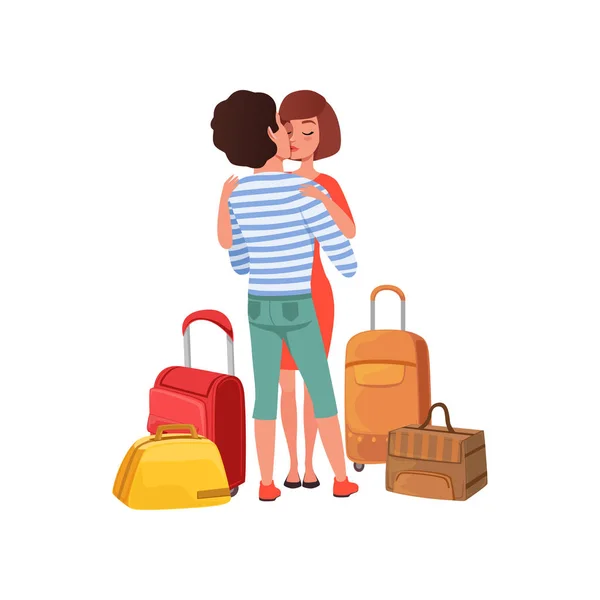 Lyckliga par i kärlek med resväskor, man och kvinna som omfamnar varandra, personer som reser tillsammans under sommarlovet vektor Illustration — Stock vektor