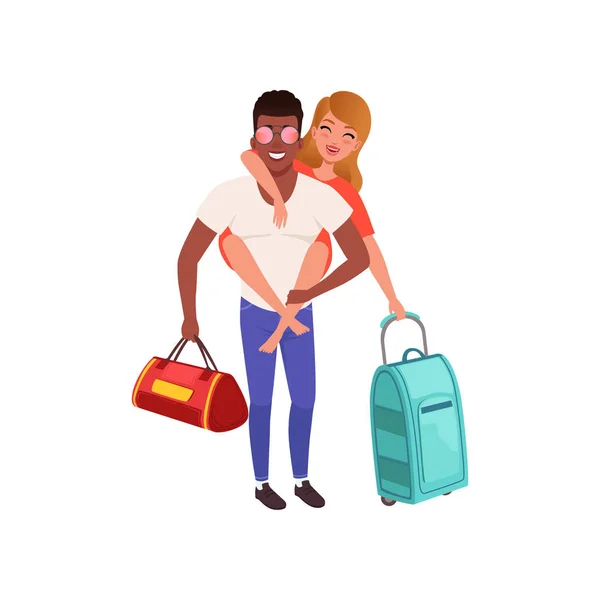 Casal feliz apaixonado por sacos de viagem, pessoas viajando juntas durante as férias de verão vetor Ilustração em um fundo branco — Vetor de Stock