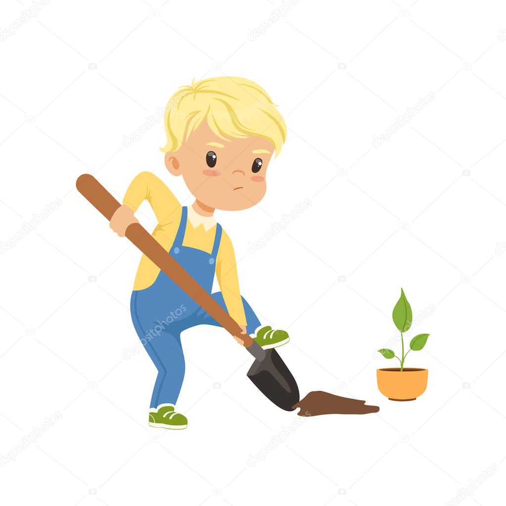 Cute little boy character digging the hole by shovel to plant seedling vector Illustration on a white background