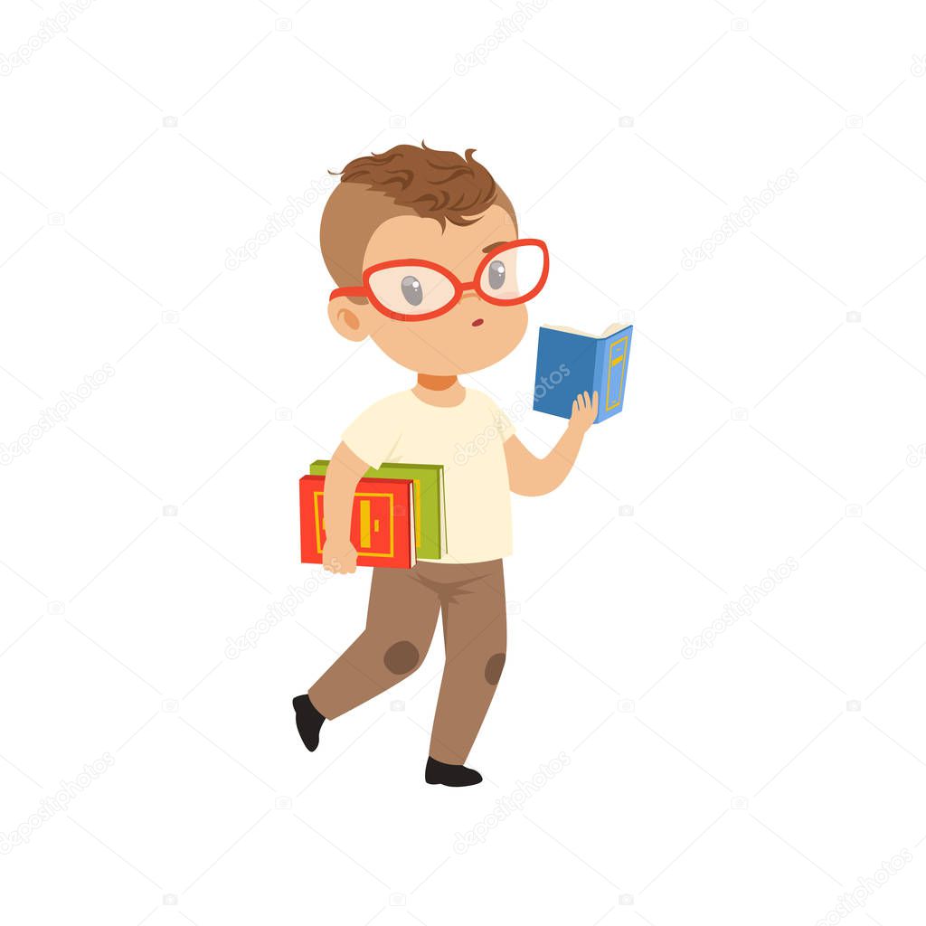 Cute little boy character in glasses walking and reading a book vector Illustration on a white background