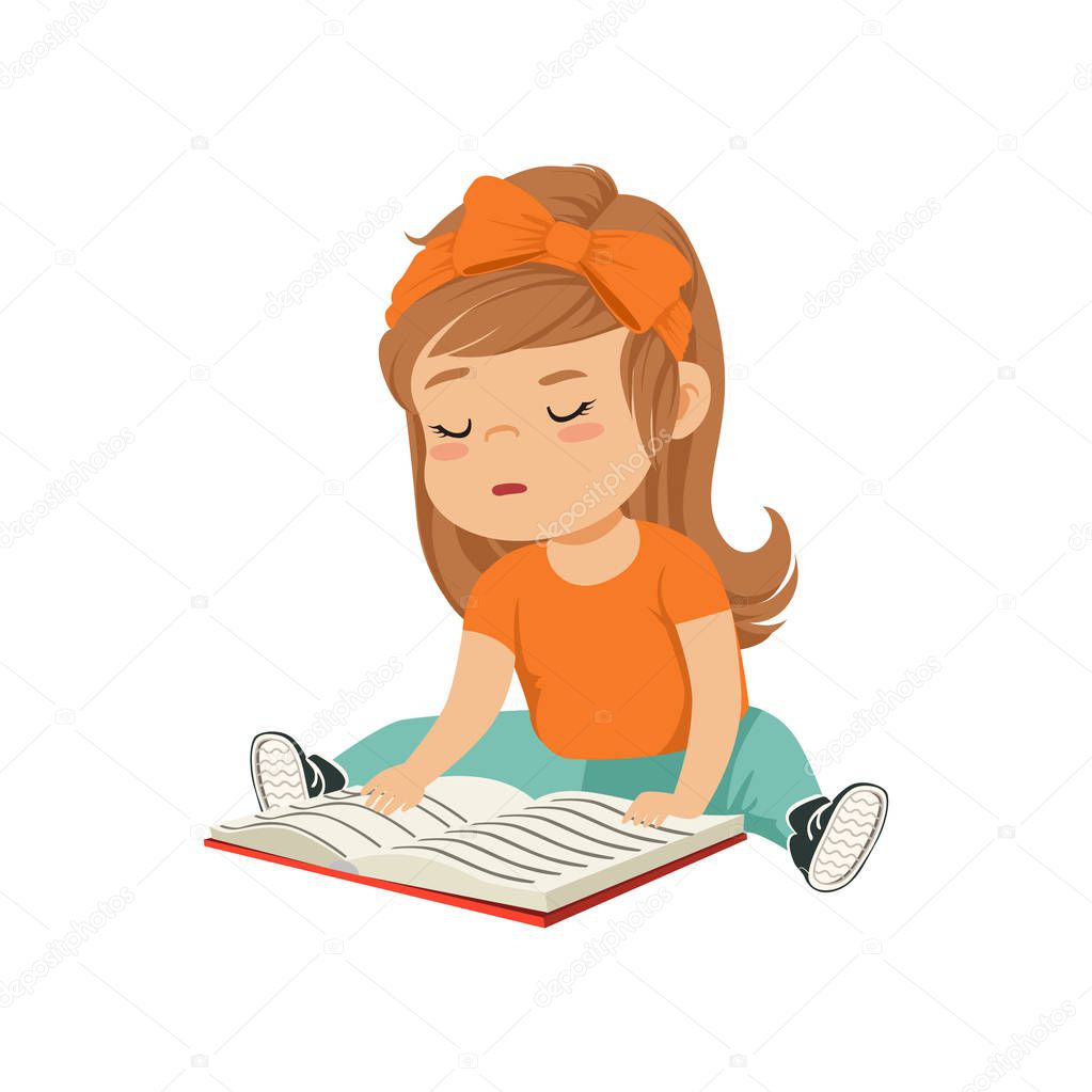 Lovely little girl character sitting on the floor and reading a book vector Illustration on a white background