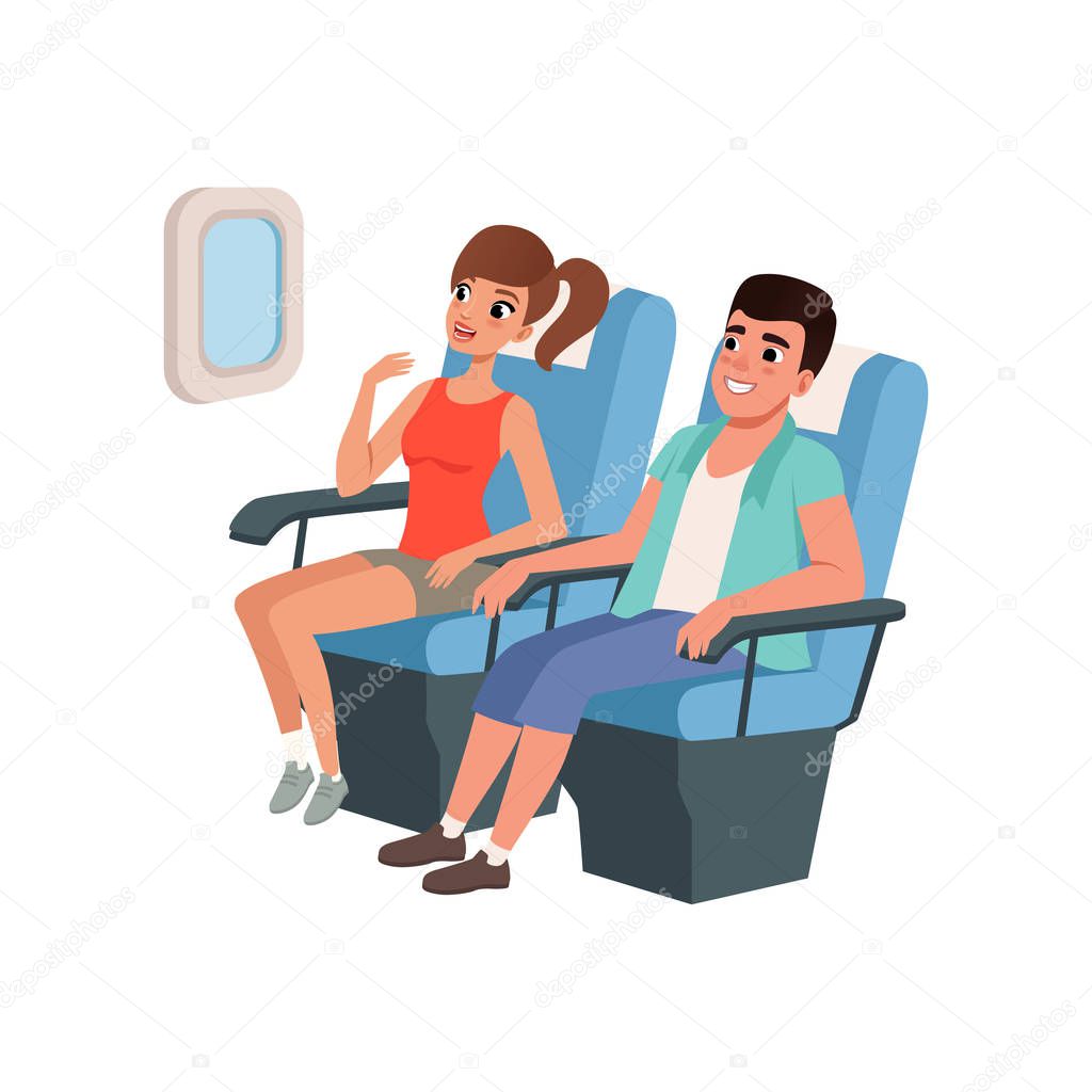 Young tourist couple sitting in airplane seats, people traveling together during summer vacation vector Illustration on a white background