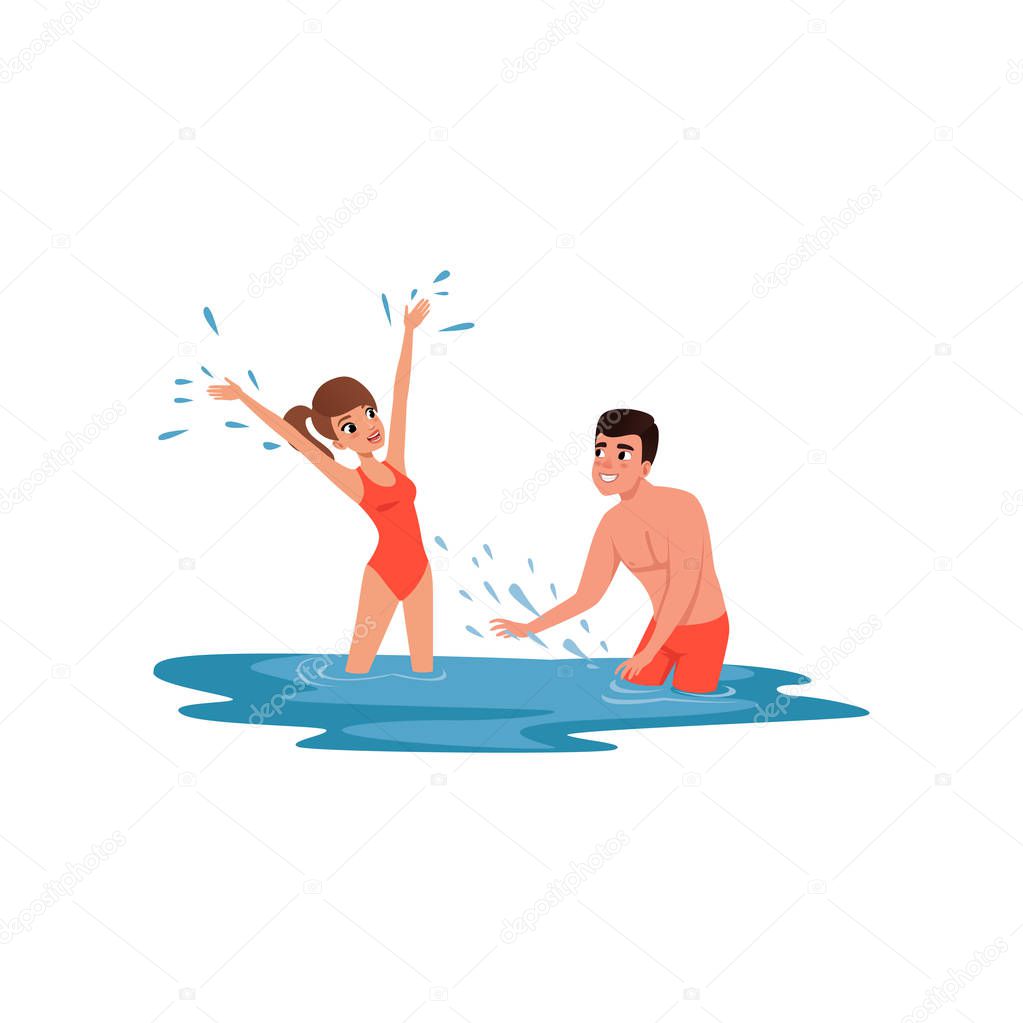 Romantic couple having fun in the sea, man and woman on vacation at beach resort vector Illustration on a white background