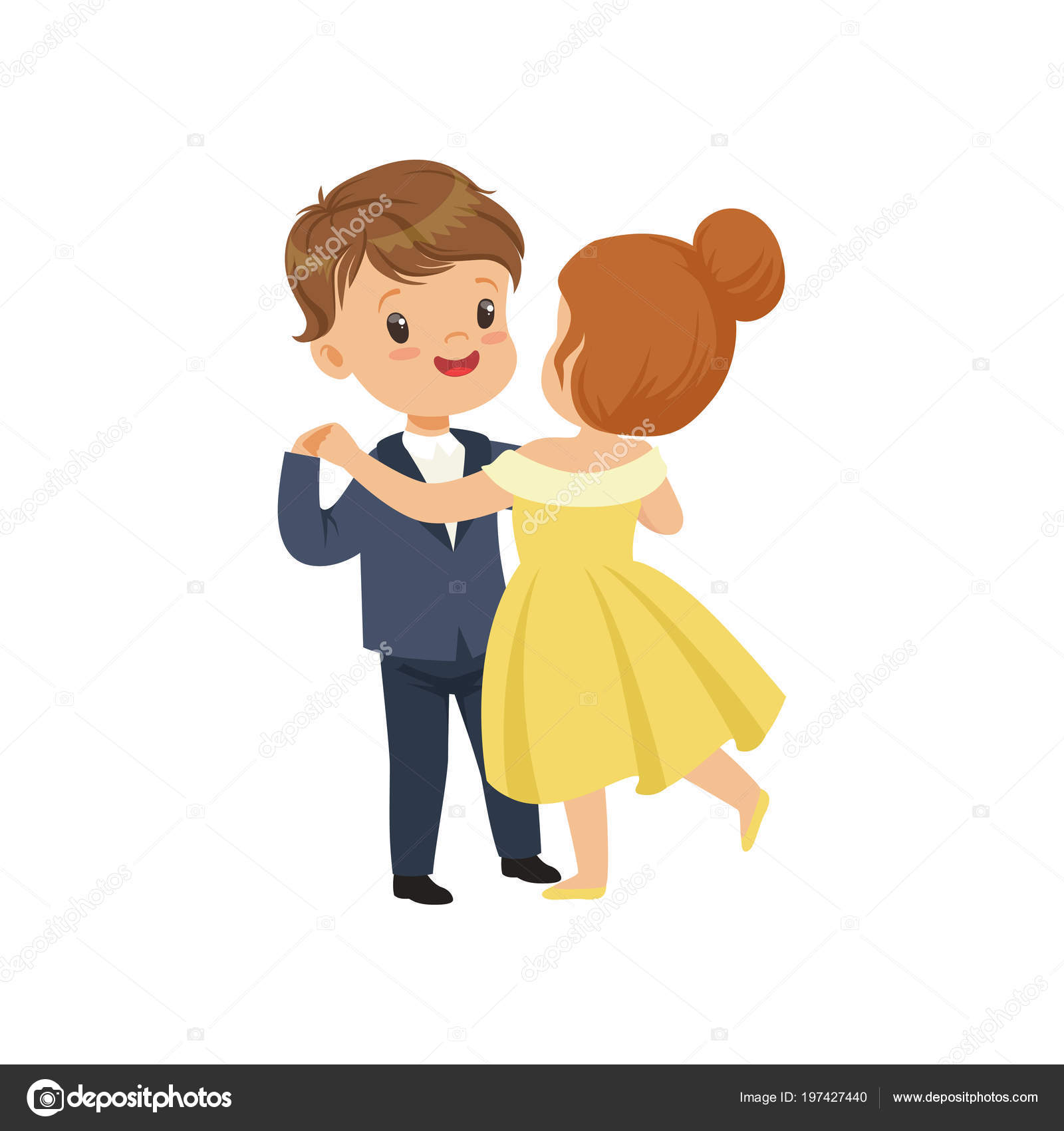 白地にかわいい男の子と女の子のエレガントな服でワルツを踊るベクトル