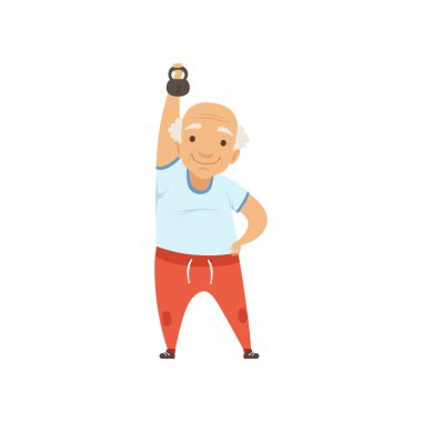 Komuta sizde kettlebell, sabah egzersizleri veya tedavi jimnastik, aktif ve sağlıklı yaşam tarzı vektör çizim yapıyor Büyükanne karakteri ile egzersiz spor üniformalı