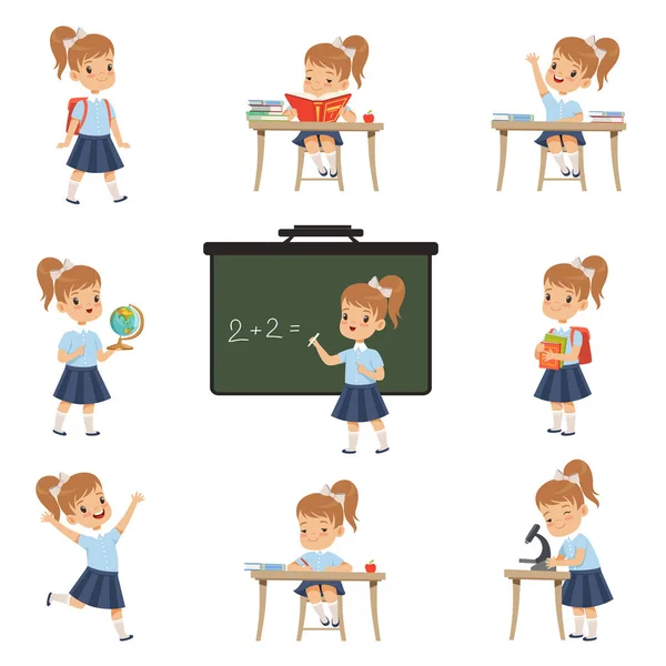 Cute schoolgirl student in uniform in various activities set, girl at lessons of biology, geography, mathematics vector Illustrations on a white background — Stock Vector