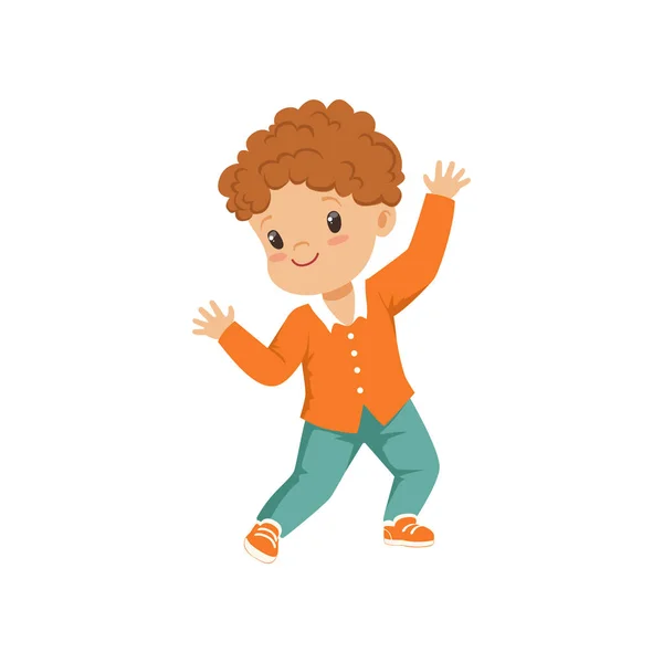 Linda pelirroja niño bailando en la ropa casual vector Ilustración sobre un fondo blanco — Vector de stock