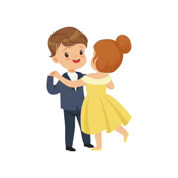 Carino bambino e ragazza ballando valzer in elegante vestiti vettore illustrazione su un bianco sfondo — Vettoriale Stock