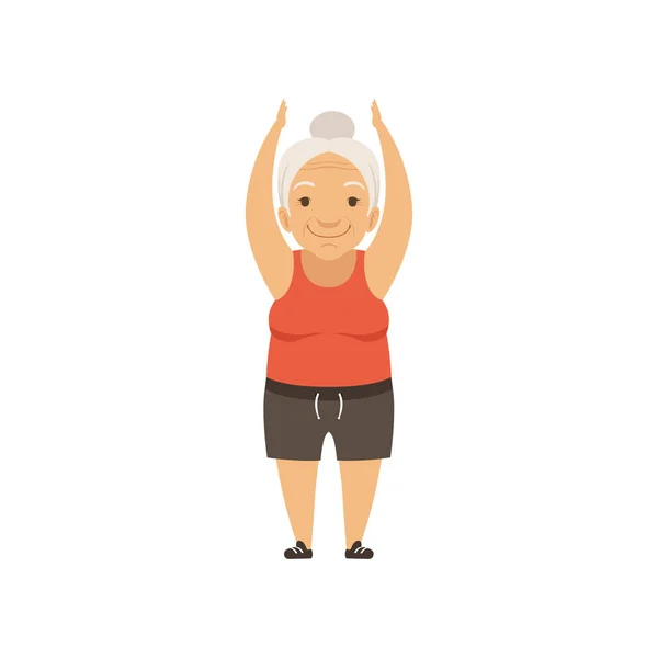 Mujer mayor gris en uniforme deportivo de pie con los brazos levantados, abuela personaje haciendo ejercicios matutinos o gimnasia terapéutica, vector de estilo de vida activo y saludable Ilustración — Vector de stock