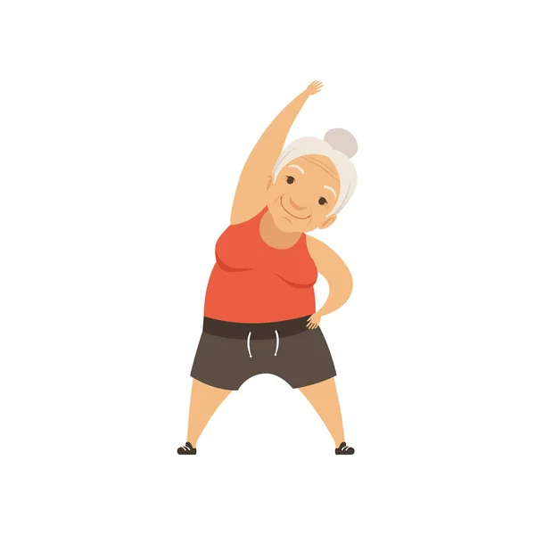 Mujer mayor gris en uniforme deportivo haciendo inclinación al costado, abuela personaje haciendo ejercicios matutinos o gimnasia terapéutica, vector de estilo de vida activo y saludable Ilustración — Vector de stock