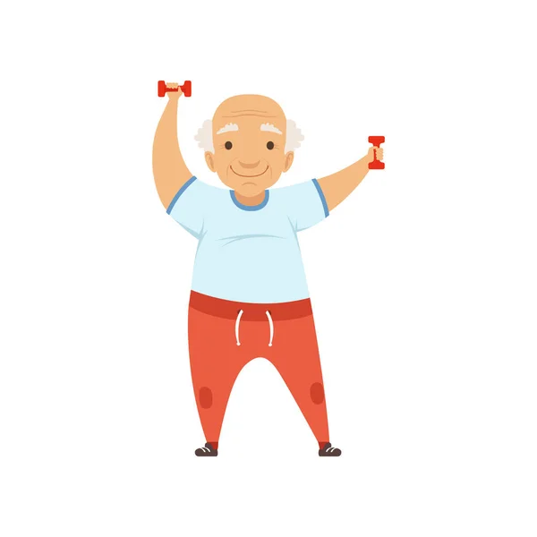 Komuta sizde dumbbells ile Büyükanne karakteri sabah egzersizleri veya tedavi jimnastik, aktif ve sağlıklı yaşam tarzı vektör çizim yaparken egzersiz spor üniformalı — Stok Vektör