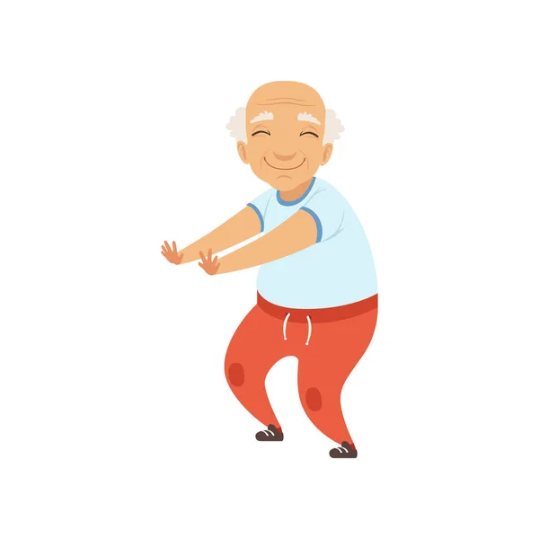 Hombre mayor en uniforme deportivo haciendo sentadillas, abuela personaje haciendo ejercicios matutinos o gimnasia terapéutica, vector de estilo de vida activo y saludable Ilustración sobre un fondo blanco — Vector de stock