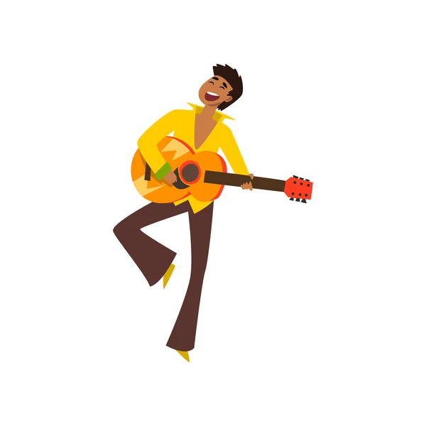 Jeune homme dansant et jouant de la musique avec guitare, carnaval brésilien, danseur masculin en costume de fête vecteur lumineux Illustration sur fond blanc — Image vectorielle