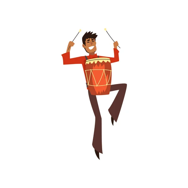 Jeune homme jouant de la musique avec tambour au carnaval du Brésil, danseur masculin en costume de fête vecteur lumineux Illustration sur fond blanc — Image vectorielle