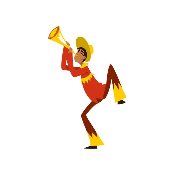 Jeune homme jouant de la musique avec trompette au carnaval du Brésil, danseur masculin en costume de fête vecteur lumineux Illustration sur fond blanc — Image vectorielle