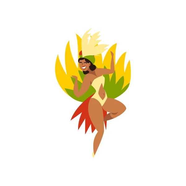 Belle fille brésilienne dansant la samba, femme en costume de fête avec un vecteur de plumage lumineux Illustration sur un fond blanc — Image vectorielle