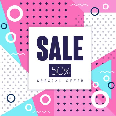 Satışı büyük başlığı, özel teklif yüzde 50 oranında off to, mevsimlik indirimli, poster geometrik şekiller vektör çizim ile reklam
