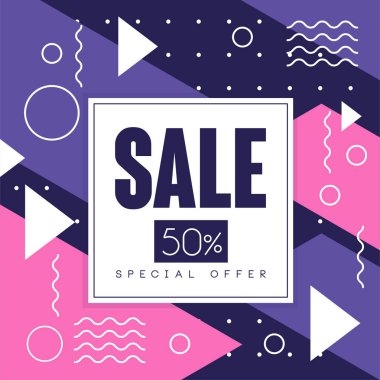 Satış banner, Çift Kişilik kapalı, mevsimlik indirimli, renkli reklam afişi geometrik şekiller vektör çizim ile yüzde 50