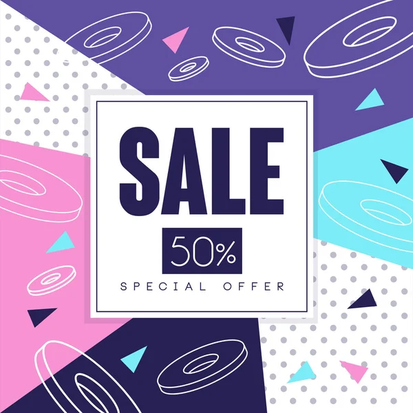 Satışı büyük başlığı, özel teklif yüzde 50, mevsimlik indirimli, eleman vektör çizim reklam