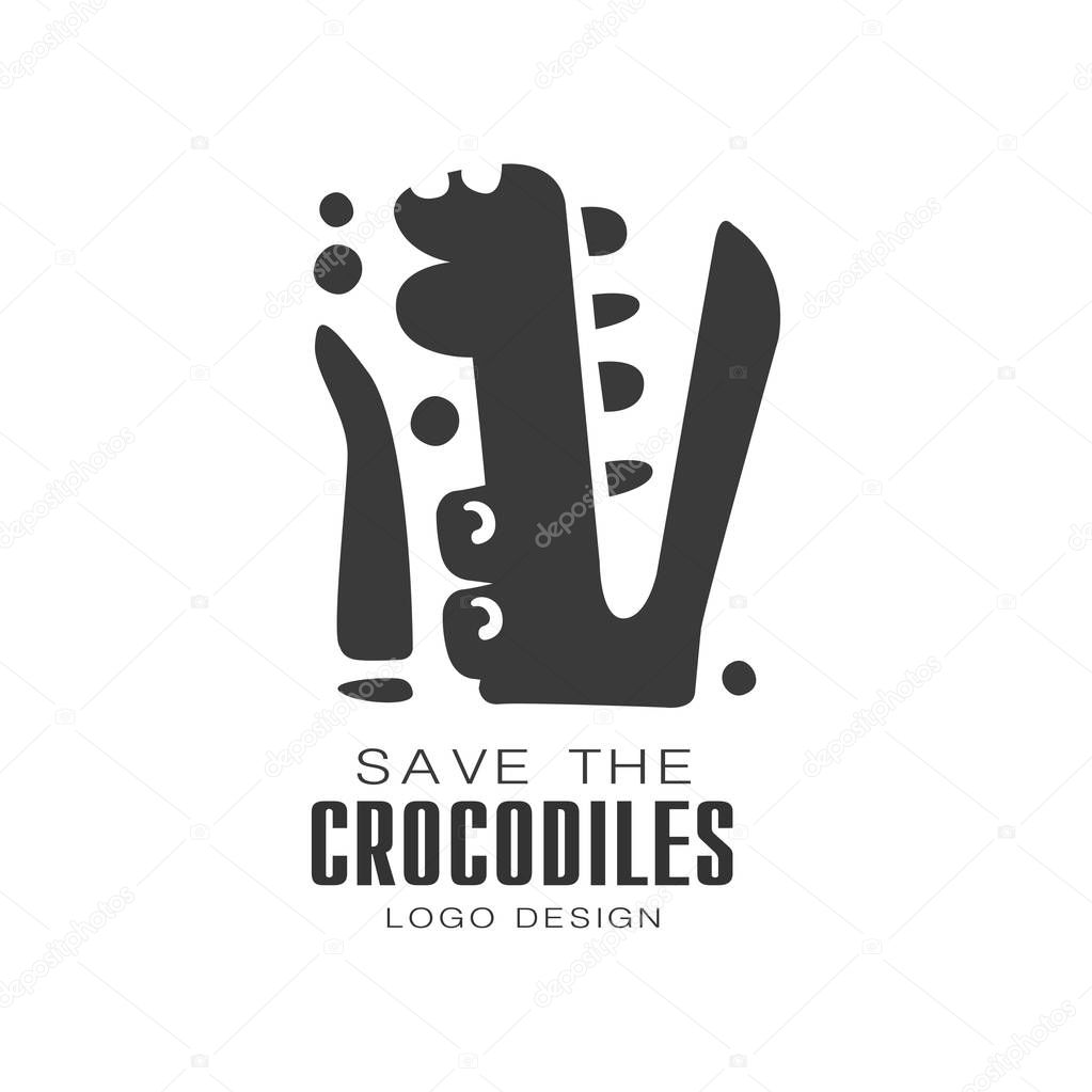Save the crocodiles logo design, protection of wild animal black and white sign vector Illustrations isolated on a white background.