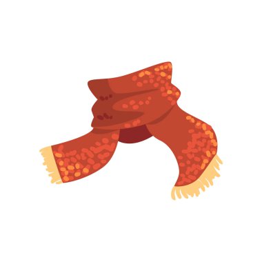 Kırmızı yün atkı ucundaki sarı saçak ile. Sonbahar ya da kış hava için sıcak aksesuar. Giysi unsuru. Düz vektör tasarımı