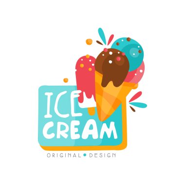 Dondurma dükkanı logo tasarım şablonu, etiket için bar, kafe, menü, beyaz bir arka plan üzerinde tatlı dükkanı vektör çizim