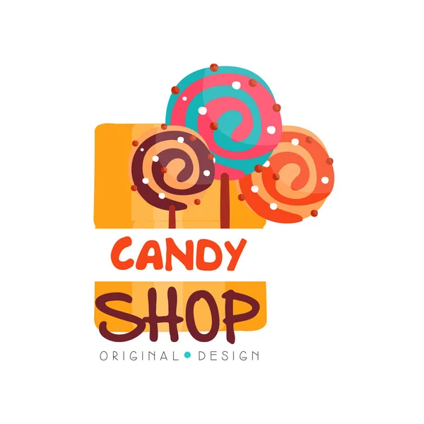 Candy hop logo design template, sweet store badge vektorillustration auf weißem hintergrund — Stockvektor