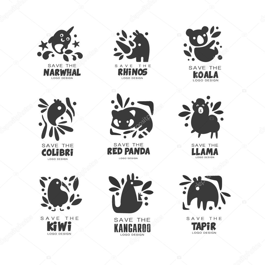Save wild animal logo design set, protection of narwhal, rhinos, koala, colibri, panala, lama, kangaroo, tapir, kiwi, black and white sign vector Illustrations isolated on a white background.