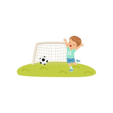 Sevimli smiing çocuk çocuklar fiziksel aktivite kavramı vektör çizim beyaz bir arka plan hedef haline topu attı