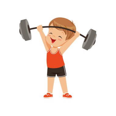 Sevimli çocuk ağır halter kaldırma çocuklar fiziksel aktivite kavramı vektör illüstrasyon izole beyaz bir arka plan üzerinde.