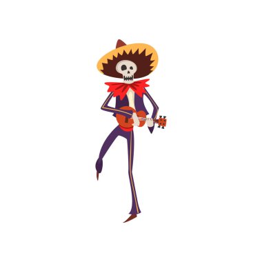 İskelet uculele onun elinde dans Meksika Ulusal kostüm, Dia de Muertos, ölülerin günü resimde beyaz bir arka plan üzerinde vektör