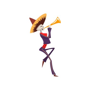 Meksika Ulusal kostüm trompet çalmaya iskelet, Dia de Muertos, ölülerin günü resimde beyaz bir arka plan üzerinde vektör