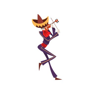 Keman ile dans Meksika Ulusal kostüm iskelet, Dia de Muertos, ölülerin günü resimde beyaz bir arka plan üzerinde vektör