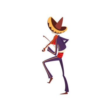 Keman, arkadan görünüm, çalmaya Meksika Ulusal kostüm iskelet Dia de Muertos, ölülerin günü resimde beyaz bir arka plan üzerinde vektör