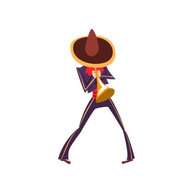 Adam Meksika Ulusal kostüm trompet, Dia de Muertos, ölülerin günü oynarken üzerinde beyaz bir arka plan illüstrasyon vektör